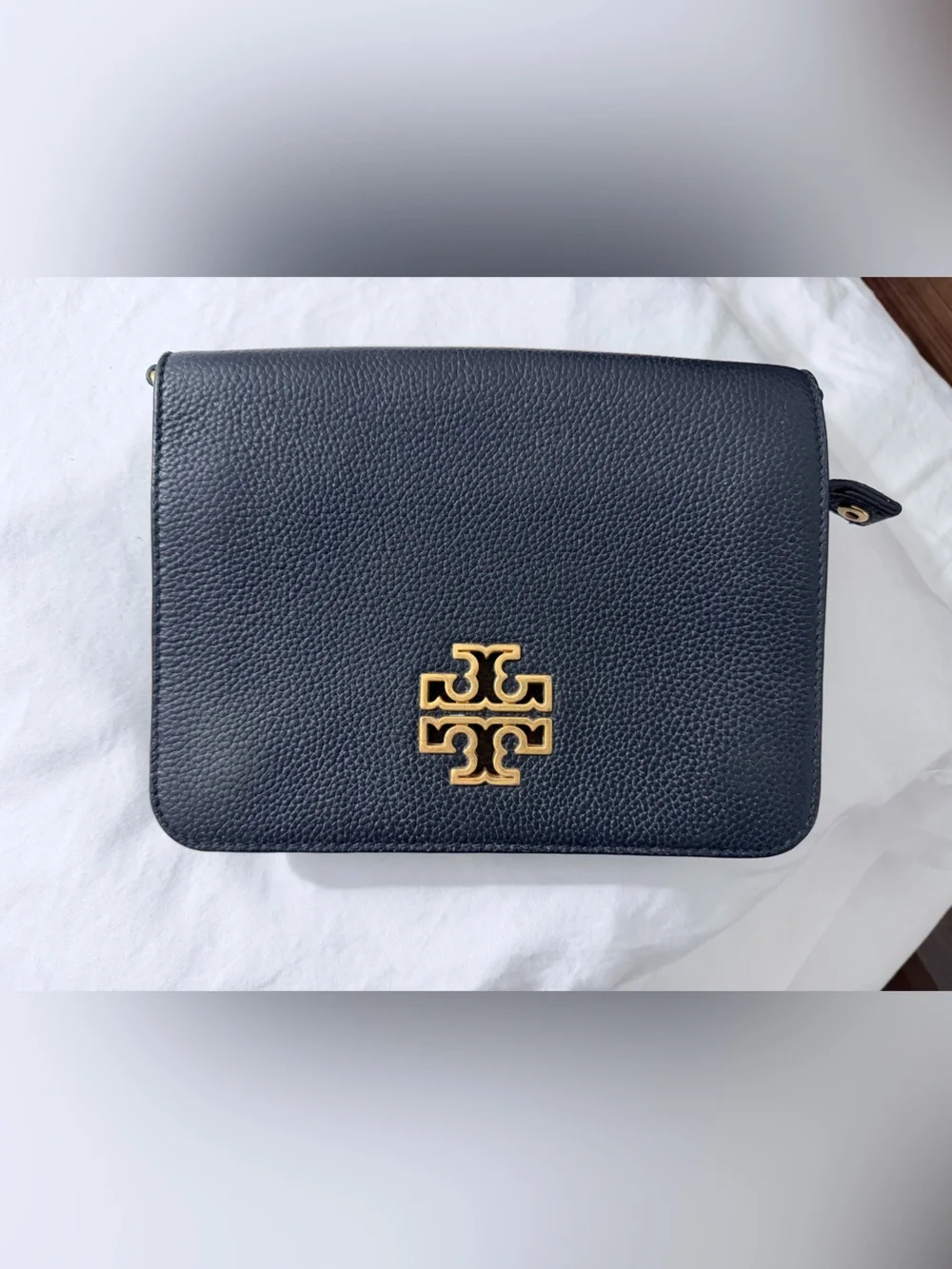 Tory Burch black Pebbled Leather Zip with Gold Logo